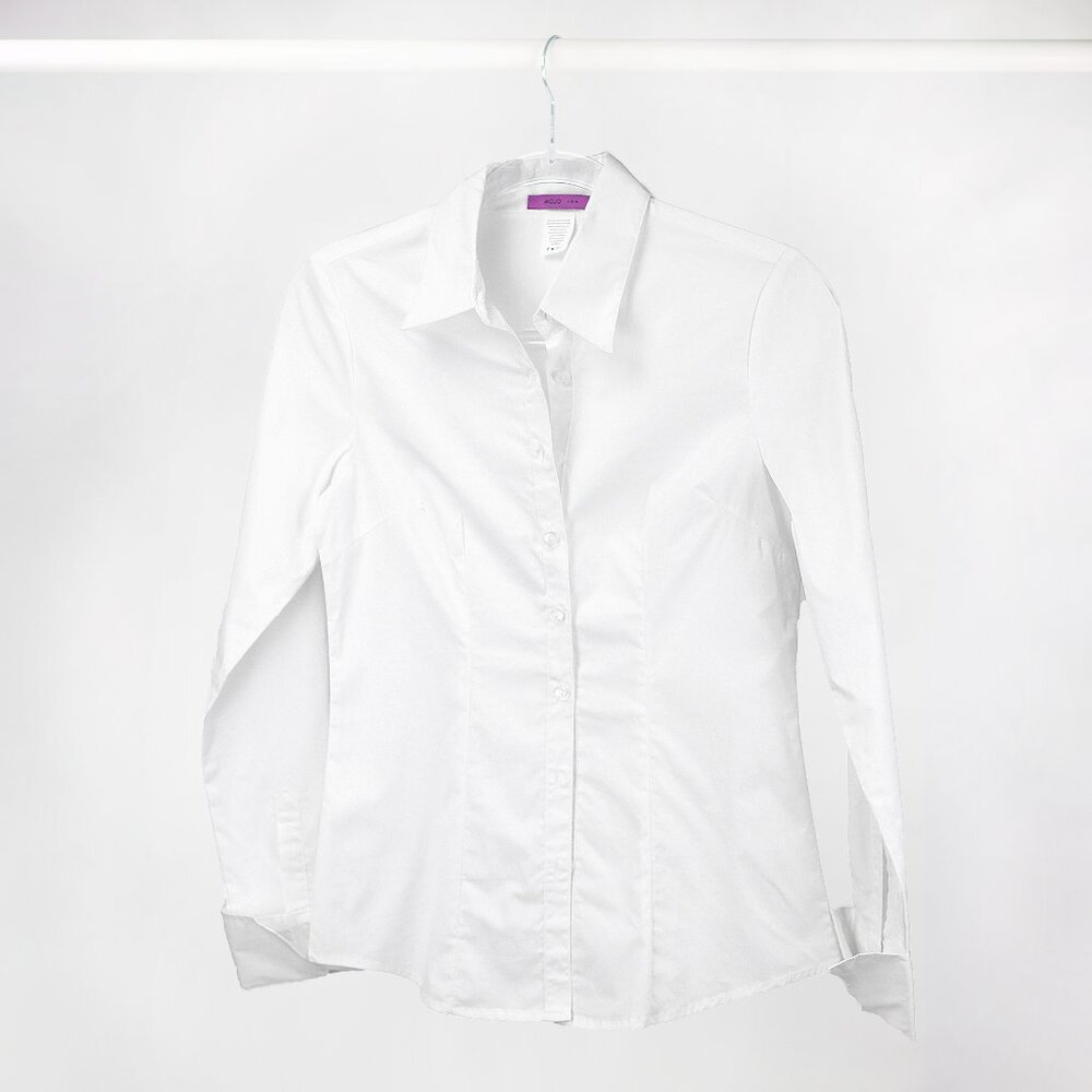 LONG-SLEEVE CAREER SHIRT | WHITE STRETCH COTTON BUTTON-FRONT CLOSURE SIZE S